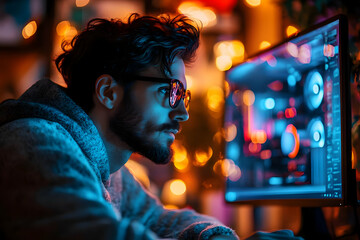 Poster - A focused individual working on a computer amidst a colorful, illuminated background.
