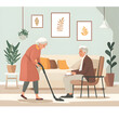 © thanit - Caregiver vacuuming senior's living room home digital illustration cozy environment aged perspective for seo impact