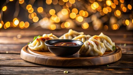 Wall Mural - Delicious Steamed Dumplings Served with Savory Dipping Sauce on Rustic Wooden Board