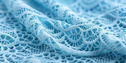 Wall Mural - Close-up view of delicate, light blue patterned lace fabric with intricate detailing and soft texture