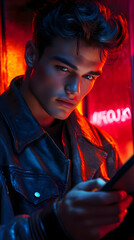 Aufkleber - A young man in a leather jacket holds a phone, illuminated by neon lights.