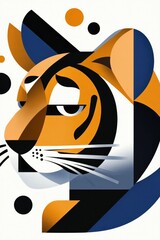 Wall Mural - Geometric tiger face in modern abstract art style with bold colors on a white background, perfect for trendy decor, posters, or contemporary art exhibitions..