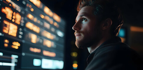 Poster - A focused individual analyzes data on a large screen in a dimly lit environment.