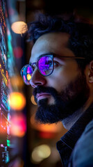 Aufkleber - A man gazes thoughtfully at a colorful display, reflecting on data or technology.