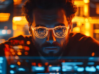 Poster - A focused individual with illuminated glasses in a tech environment, emphasizing digital data.