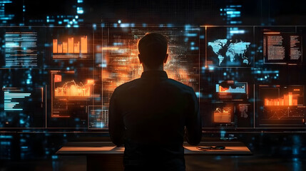 Poster - A person analyzes data on multiple screens in a high-tech environment.