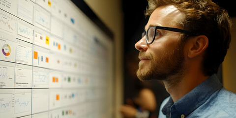 Poster - A man observes data visualizations on a screen, reflecting engagement with analytics.