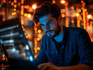 Poster - A focused young man working on a laptop amidst warm, glowing lights.