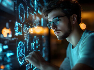 Aufkleber - A focused individual interacting with a digital interface displaying data and graphics.