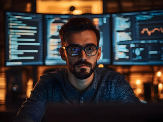 Poster - A focused individual working on programming tasks with multiple monitors displaying code and data.