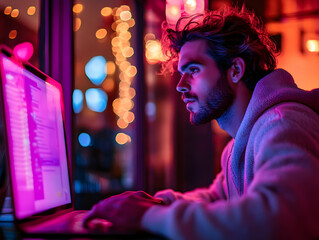 Poster - A focused individual working on a laptop in a vibrant, illuminated environment.