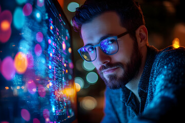 Poster - A focused man with glasses gazes at a vibrant, data-filled screen in a dimly lit environment.