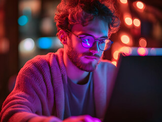 Aufkleber - A young man working intently on a laptop, illuminated by colorful lights.