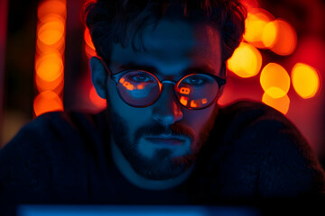 Poster - A focused man with glasses, illuminated by colorful lights, gazes intently at a screen.