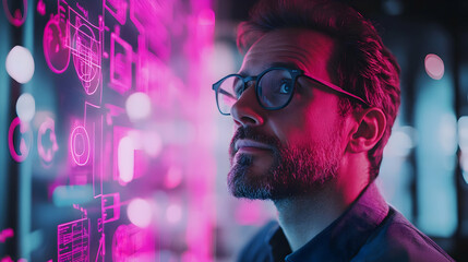 Aufkleber - A man gazes thoughtfully at digital data and graphics in a futuristic setting.