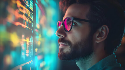 Poster - A man with glasses gazes intently at a colorful digital display, suggesting focus on technology.