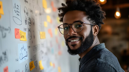 Poster - A smiling man stands by a wall filled with colorful notes and sketches, engaged in brainstorming.