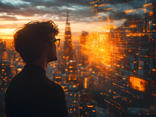 Poster - A person gazes at a futuristic cityscape with digital overlays and data visualizations.