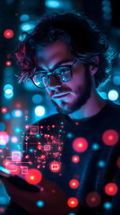 Poster - A person with glasses interacts with a digital interface, surrounded by vibrant lights.