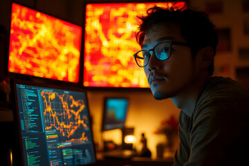 Poster - A focused individual working on multiple computer screens displaying data and graphics.