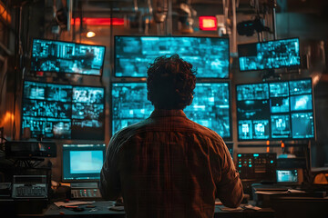 Leinwandbilder - A person monitors multiple screens in a control room, analyzing data and surveillance feeds.