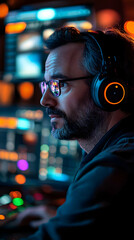 Poster - A focused individual wearing headphones works on digital interfaces, immersed in technology.