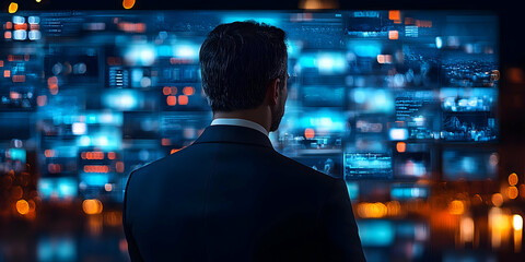 Aufkleber - A person in a suit observes digital screens displaying data and information.
