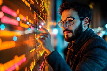 Poster - A man interacts with a digital display, analyzing data in a modern setting.