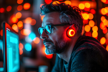 Poster - A focused man wearing headphones, illuminated by colorful lights while working on a computer.