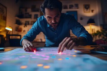 Poster - A man analyzing a detailed map with colored dots in a dimly lit room.