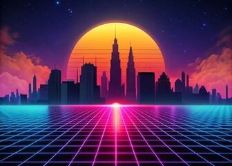 Wall Mural - Retro Skyline Landscape with 3D Grid in Synthwave Design, Featuring Neon Colors and Futuristic Elements Against a Sunset Horizon for a Vibrant Visual Experience