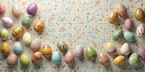 Wall Mural - Decorative Easter Eggs Arranged on a Colorful Mosaic Tile Background