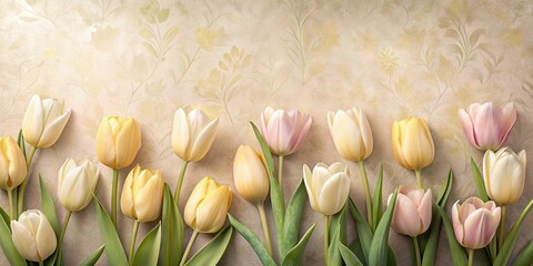 Wall Mural - Pastel Tulips Arranged on a Floral Patterned Background