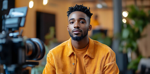 Aufkleber - A young man poses confidently in front of a camera in a modern indoor setting.
