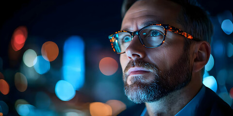 Aufkleber - A contemplative man gazes thoughtfully at a city skyline illuminated by colorful lights.