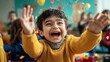 © altitudevisual - Joyful young child in a classroom throwing colorful confetti while smiling and celebrating