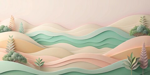 Wall Mural - Serene Paper Cut Landscape Featuring Pastel Hills and Lush Foliage