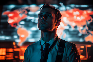 Aufkleber - A man in a suit stands before a digital world map, exuding focus and determination.