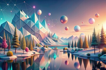 Wall Mural - Serene Abstract Technology Landscape with Futuristic Elements, Soft Colors and Geometric Shapes, Perfect for Digital Art and Modern Backgrounds in Design Projects