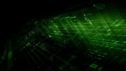 Fototapete - Futuristic network simulation blending AI, quantum physics, and deep learning, with a particle matrix analyzing data in a sleek, HUD-style interface