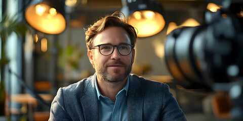 Poster - A man in glasses sits in front of a camera, illuminated by warm lights in a modern setting.