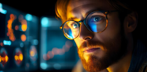 Aufkleber - A focused individual analyzing data on screens in a dimly lit environment.