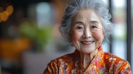 Laughing elderly woman from Thailand, wearing traditional Thai dress, isolated on a soft lavender background with text space 