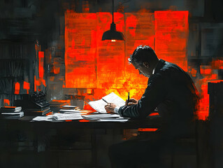 Poster - A man writes intently at a desk, illuminated by warm light against a backdrop of documents.