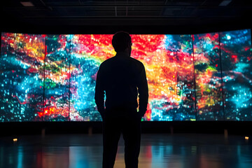 Poster - A silhouette of a person stands before a vibrant, colorful digital display.