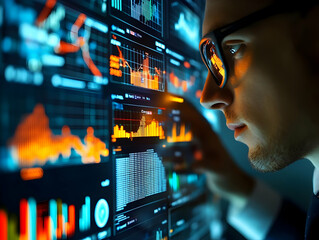 Fototapete - A person analyzing data on digital screens with graphs and statistics.