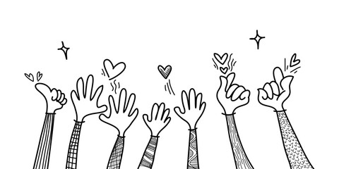 Wall Mural - doodle hands up, Hands clapping with love. applause gestures. congratulation business. vector illustration