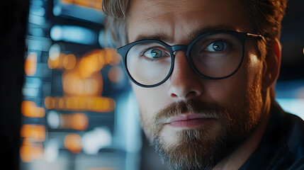 Poster - A close-up of a man with glasses, focused on a digital interface in a modern setting.