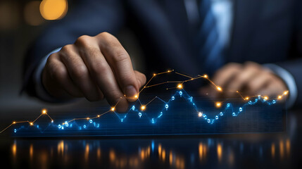 Poster - A hand interacts with a glowing data graph, symbolizing analysis and financial insights.