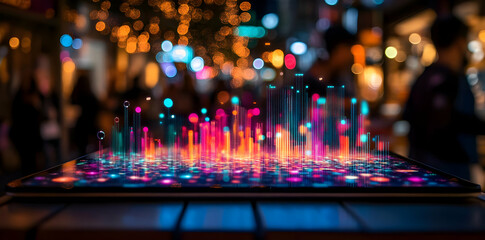 Fototapete - A vibrant digital visualization of data displayed on a tablet amidst a blurred background.